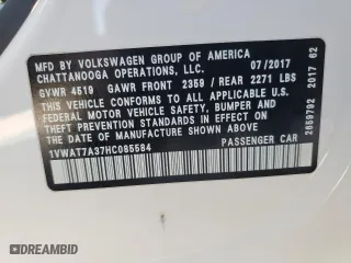 2017 Volkswagen Passat 1.8T S with VIN 1VWAT7A37HC085584, listed as a Copart auction lot 50938915 with 96,108 mi miles and Salvage Title. Bid and sale history available at carsss.com. Image 13.