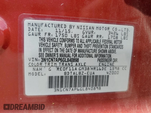 2016 Nissan Versa S with VIN 3N1CN7AP6GL840898, listed as a Copart auction lot 61852505 with Not provided miles and Salvage title. Bid and sale history available at DreamBid. Image 12.