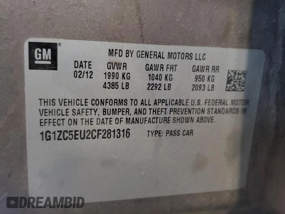 2012 Chevrolet Malibu 1LT with VIN 1G1ZC5EU2CF281316, listed as a Copart auction lot 55526735 with 120,867 mi miles and Salvage Title. Bid and sale history available at DreamBid. Image 12.