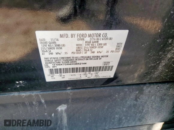 2017 Ford Explorer XLT with VIN 1FM5K7D84HGB52144, listed as a Copart auction lot 58974535 with 135,217 mi miles and Clean title. Bid and sale history available at DreamBid. Image 13.