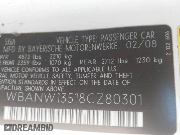 2008 BMW 5 Series 535i with VIN WBANW13518CZ80301, listed as a IAAI auction lot 41609398 with 235,554 mi miles and . Bid and sale history available at carsss.com. Image 9.