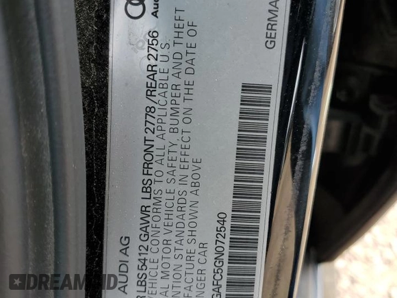 2016 Audi A6 Prestige with VIN WAUHGAFC5GN072540, listed as a Copart auction lot 62483565 with 122,819 mi miles and Clean title. Bid and sale history available at DreamBid. Image 12.