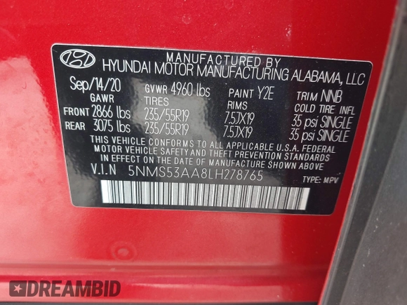 2020 Hyundai Santa Fe Limited with VIN 5NMS53AA8LH278765, listed as a IAAI auction lot 41339654 with 89,946 mi miles and . Bid and sale history available at DreamBid. Image 9.