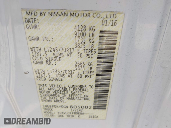 2016 Nissan NV SL with VIN 1N6BF0KY0GN805002, listed as a IAAI auction lot 42331892 with 194,633 mi miles and . Bid and sale history available at DreamBid. Image 9.