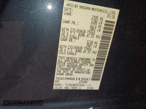 2016 Nissan Murano SL z VIN 5N1AZ2MH6GN143047, wystawiony jako IAAI lot #41920270 z przebiegiem 158 518 mil mil oraz . Historia ofert i sprzedaży dostępna na DreamBid. Obrazek 9.