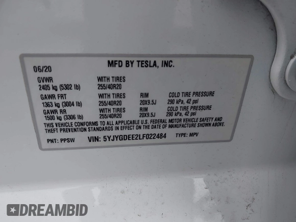 2020 Tesla Model Y Long Range with VIN 5YJYGDEE2LF022484, listed as a IAAI auction lot 41798662 with 108,978 mi miles and . Bid and sale history available at DreamBid. Image 9.