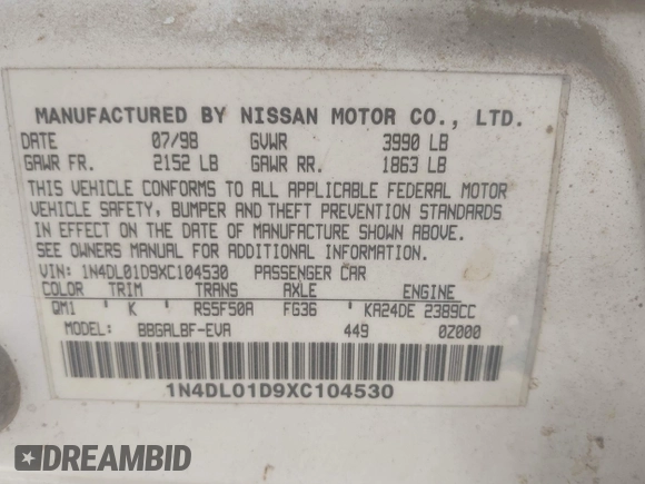 1999 Nissan Altima XE with VIN 1N4DL01D9XC104530, listed as a IAAI auction lot 42141246 with 168,803 mi miles. Bid and sale history available at carsss.com. Image 9.