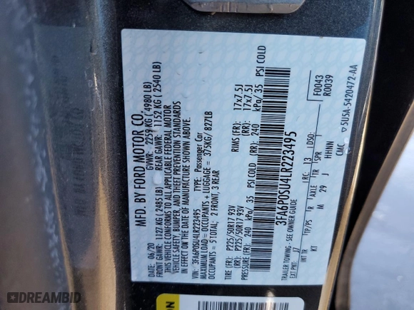 2020 Ford Fusion Plug-In Hybrid Titanium with VIN 3FA6P0SU4LR223495, listed as a Copart auction lot 82303133 with NaN miles. Bid and sale history available at carsss.com. Image 12.