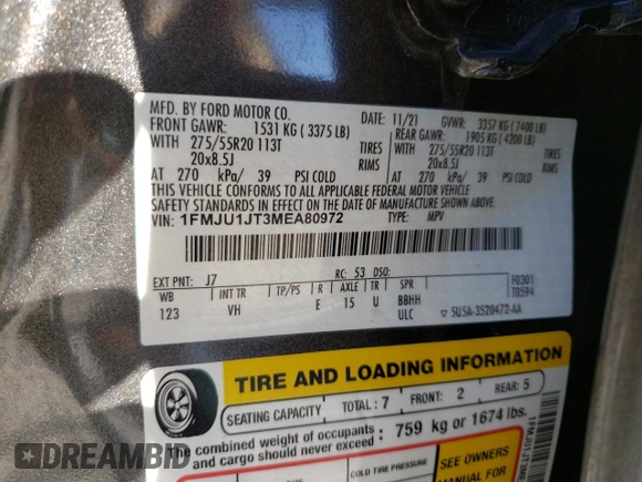 2021 Ford Expedition XLT with VIN 1FMJU1JT3MEA80972, listed as a Copart auction lot 83110404 with 47,969 mi miles and Salvage title. Bid and sale history available at DreamBid. Image 15.