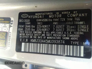 2021 Hyundai Tucson Value with VIN KM8J33A45MU393874, listed as a IAAI auction lot 41681171 with 79,164 mi miles and . Bid and sale history available at DreamBid. Image 9.