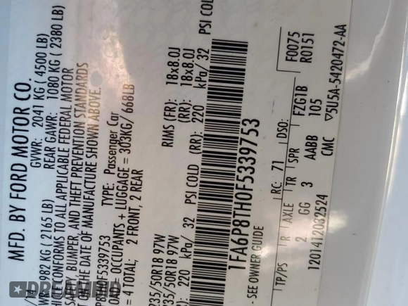 2015 Ford Mustang EcoBoost with VIN 1FA6P8TH0F5339753, listed as a Copart auction lot 46123435 with 116,292 mi miles and Salvage Title. Bid and sale history available at DreamBid. Image 13.