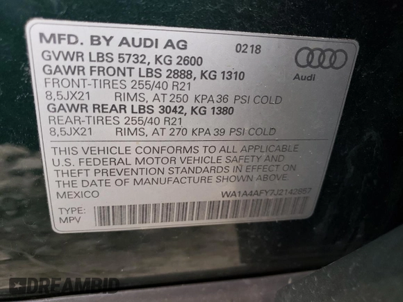 2018 Audi SQ5 Premium Plus with VIN WA1A4AFY7J2142857, listed as a Copart auction lot 46485883 with 0 mi miles. Bid and sale history available at carsss.com. Image 15.