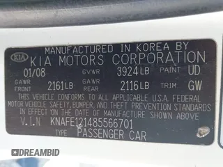 2008 Kia Spectra SX with VIN KNAFE121485566701, listed as a IAAI auction lot 41858114 with 175,020 mi miles. Bid and sale history available at carsss.com. Image 9.
