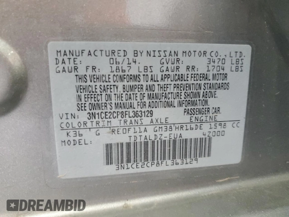 2015 Nissan Note SL с VIN 3N1CE2CP8FL363129, выставлен на аукционе Copart как лот 56559915 с пробегом 124 398 миль миль и Списание • Salvage title. История ставок и продаж доступна на DreamBid. Изображение 13.