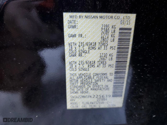 2015 Nissan Murano SV with VIN 5N1AZ2MH5FN225639, listed as a Copart auction lot 88845505 with 161,934 mi miles and Clean Title. Bid and sale history available at carsss.com. Image 14.