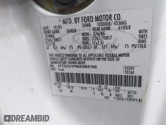 2006 Ford F-250 XL with VIN 1FTSX21P86EB65169, listed as a IAAI auction lot 41051369 with 277,108 mi miles and . Bid and sale history available at DreamBid. Image 9.