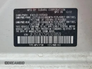 2023 Subaru Crosstrek Premium с VIN JF2GTACC5PG303859, выставлен на аукционе Copart как лот 52645205 с пробегом 29 144 миль миль и Списание • Salvage title. История ставок и продаж доступна на DreamBid. Изображение 13.
