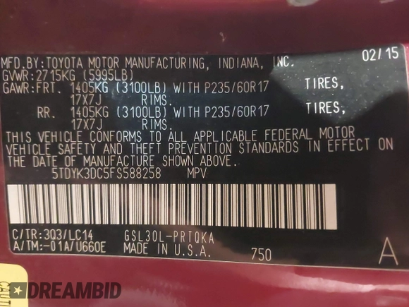 2015 Toyota Sienna XLE с VIN 5TDYK3DC5FS588258, выставлен на аукционе IAAI как лот 41089108 с пробегом 124 777 миль миль и . История ставок и продаж доступна на DreamBid. Изображение 9.