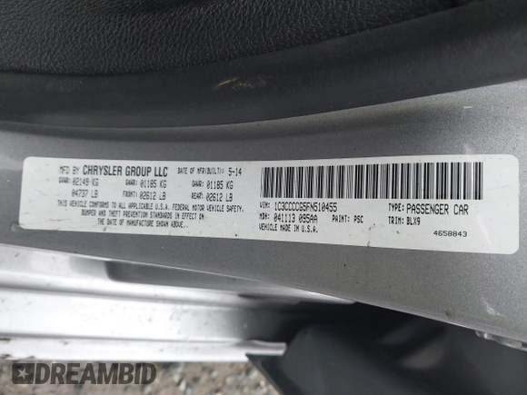 2015 Chrysler 200 C with VIN 1C3CCCCG5FN510455, listed as a IAAI auction lot 41601176 with 78,262 mi miles. Bid and sale history available at carsss.com. Image 9.