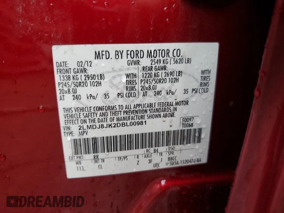 2013 Lincoln MKX with VIN 2LMDJ8JK2DBL00981, listed as a Copart auction lot 72976014 with 244,199 mi miles and Salvage Title. Bid and sale history available at DreamBid. Image 14.