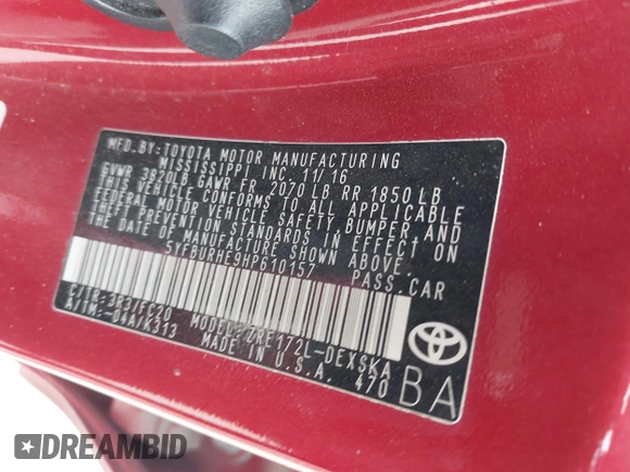 2017 Toyota Corolla L z VIN 5YFBURHE9HP610157, wystawiony jako IAAI lot #40999523 z przebiegiem 185 454 mil mil oraz . Historia ofert i sprzedaży dostępna na DreamBid. Obrazek 9.