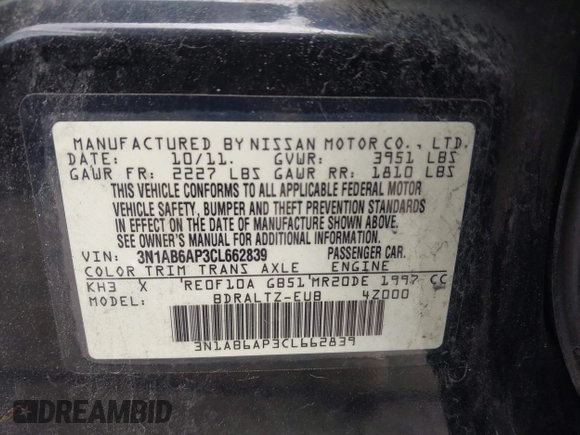 2012 Nissan Sentra SR with VIN 3N1AB6AP3CL662839, listed as a IAAI auction lot 42208273 with 226,528 mi miles and . Bid and sale history available at DreamBid. Image 9.