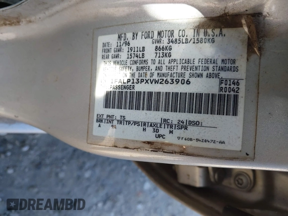 1997 Ford Escort LX with VIN 1FALP13PXVW263906, listed as a IAAI auction lot 41496083 with Not Provided miles and . Bid and sale history available at DreamBid. Image 9.