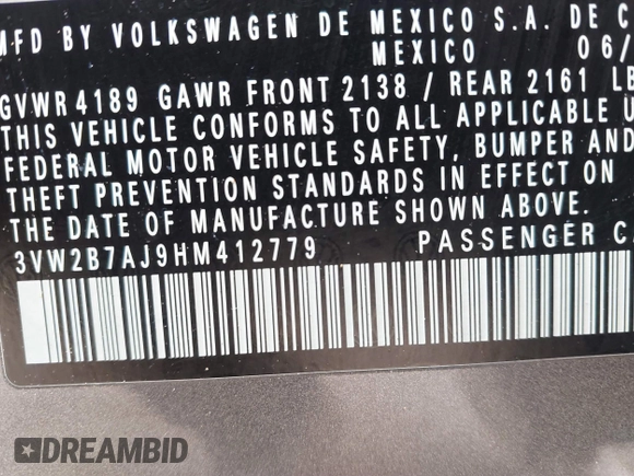 2017 Volkswagen Jetta S with VIN 3VW2B7AJ9HM412779, listed as a IAAI auction lot 41723456 with 114,151 mi miles and . Bid and sale history available at DreamBid. Image 9.