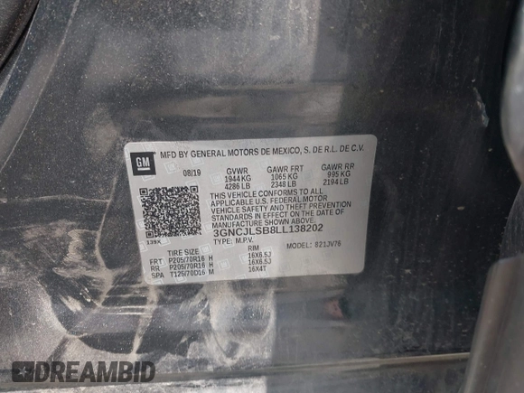 2020 Chevrolet Trax LT with VIN 3GNCJLSB8LL138202, listed as a IAAI auction lot 42431306 with 12,285 mi miles and . Bid and sale history available at DreamBid. Image 9.