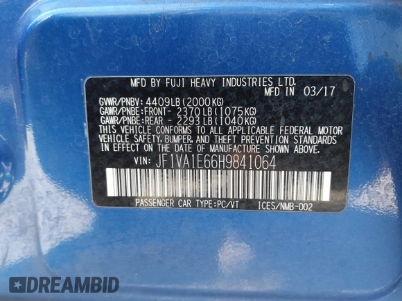 2017 Subaru WRX Premium with VIN JF1VA1E66H9841064, listed as a IAAI auction lot 42641768 with 147,369 mi miles and . Bid and sale history available at DreamBid. Image 9.