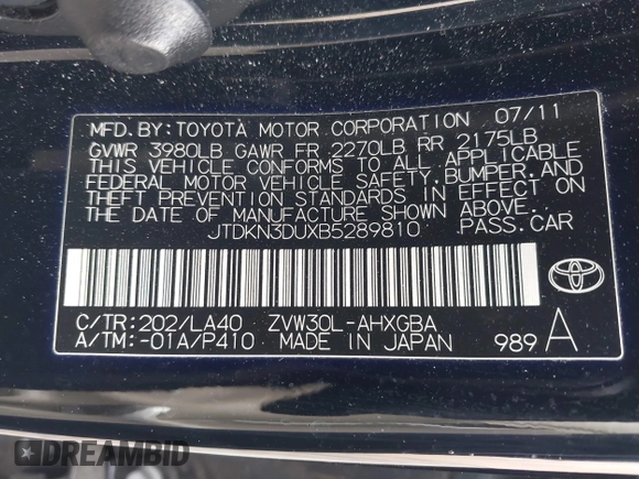 2011 Toyota Prius I with VIN JTDKN3DUXB5289810, listed as a IAAI auction lot 41935121 with 103,273 mi miles. Bid and sale history available at carsss.com. Image 9.
