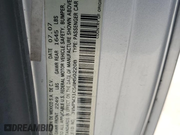 2008 Volkswagen Beetle S with VIN 3VWPW31C58M502208, listed as a Copart auction lot 61663455 with 93,982 mi miles and Salvage title. Bid and sale history available at DreamBid. Image 12.