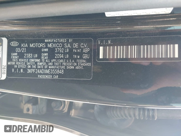 2021 Kia Forte LXS с VIN 3KPF24ADXME355848, выставлен на аукционе IAAI как лот 42248749 с пробегом 52 698 миль миль и . История ставок и продаж доступна на DreamBid. Изображение 9.