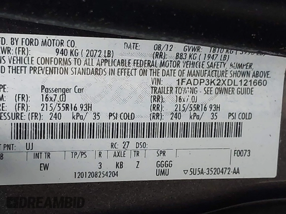 2013 Ford Focus SE with VIN 1FADP3K2XDL121660, listed as a IAAI auction lot 41984336 with 166,295 mi miles. Bid and sale history available at carsss.com. Image 9.