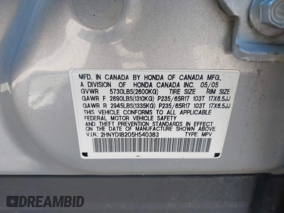 2005 Acura MDX with VIN 2HNYD18205H540383, listed as a IAAI auction lot 41805243 with 214,971 mi miles. Bid and sale history available at carsss.com. Image 9.