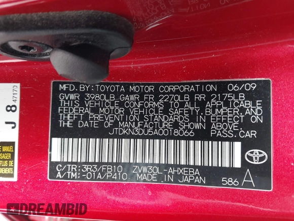 2010 Toyota Prius II with VIN JTDKN3DU5A0018066, listed as a IAAI auction lot 41663999 with 162,521 mi miles and . Bid and sale history available at DreamBid. Image 9.