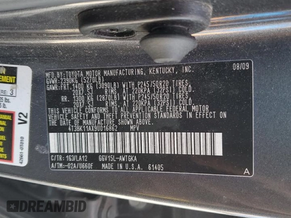 2009 Toyota Venza with VIN 4T3BK11AX9U016862, listed as a Copart auction lot 52884185 with 209,595 mi miles and Salvage Title. Bid and sale history available at carsss.com. Image 12.