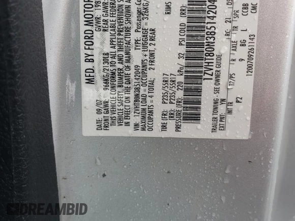 2008 Ford Mustang Deluxe с VIN 1ZVHT80N385142049, выставлен на аукционе Copart как лот 54693915 с пробегом 189 674 миль миль и Списание • Salvage title. История ставок и продаж доступна на DreamBid. Изображение 12.