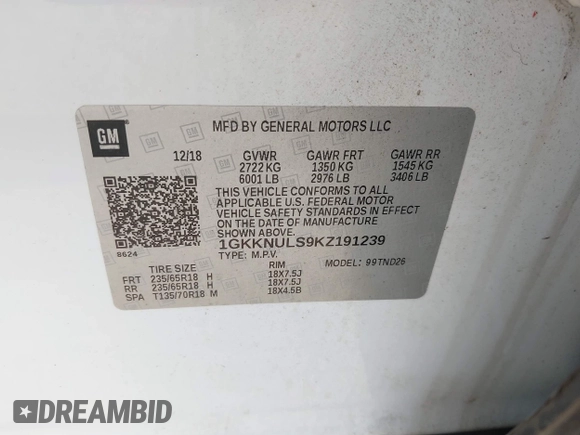 2019 GMC Acadia SLT с VIN 1GKKNULS9KZ191239, выставлен на аукционе IAAI как лот 42400227 с пробегом 78 059 миль миль и . История ставок и продаж доступна на DreamBid. Изображение 9.