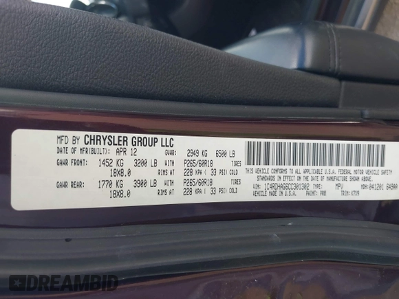 2012 Dodge Durango SXT with VIN 1C4RDHAG6CC301302, listed as a IAAI auction lot 42594428 with 134,495 mi miles and . Bid and sale history available at DreamBid. Image 9.