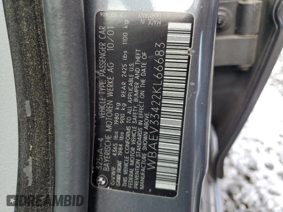 2002 BMW 3 Series 325i with VIN WBAEV33422KL66683, listed as a Copart auction lot 49004425 with 241,841 mi miles and Salvage Title. Bid and sale history available at carsss.com. Image 12.