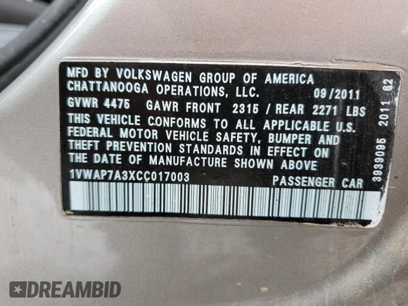 2012 Volkswagen Passat S with VIN 1VWAP7A3XCC017003, listed as a Copart auction lot 58579625 with 282,364 mi miles and Clean title. Bid and sale history available at DreamBid. Image 13.