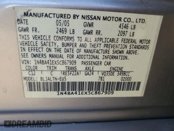 2005 Nissan Maxima 3.5 SE with VIN 1N4BA41EX5C867909, listed as a Copart auction lot 87575315 with 121,741 mi miles and Salvage Title. Bid and sale history available at carsss.com. Image 15.