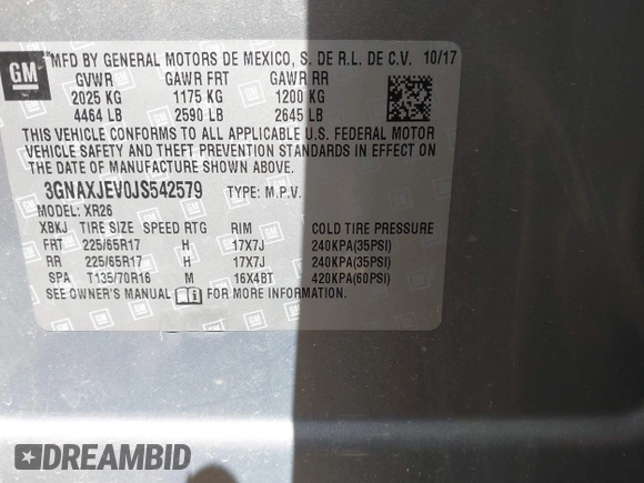 2018 Chevrolet Equinox LT with VIN 3GNAXJEV0JS542579, listed as a IAAI auction lot 41983039 with 95,785 mi miles and . Bid and sale history available at carsss.com. Image 9.