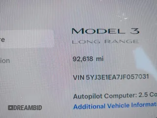 2018 Tesla Model 3 Long Range Battery with VIN 5YJ3E1EA7JF057031, listed as a IAAI auction lot 42139832 with 92,618 mi miles and . Bid and sale history available at DreamBid. Image 14.