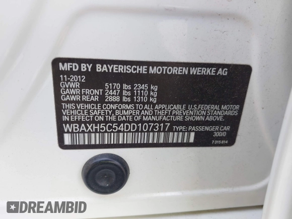 2013 BMW 5 Series 528i xDrive with VIN WBAXH5C54DD107317, listed as a IAAI auction lot 42244446 with 47,858 mi miles and . Bid and sale history available at DreamBid. Image 9.