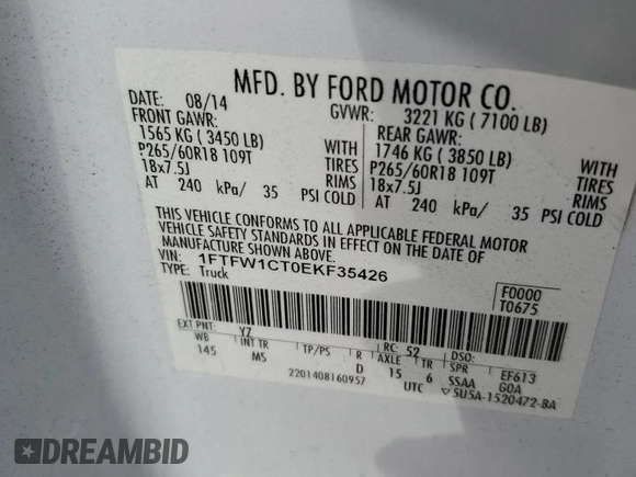2014 Ford F-150 XL with VIN 1FTFW1CT0EKF35426, listed as a Copart auction lot 54832165 with 96,961 mi miles and Salvage title. Bid and sale history available at DreamBid. Image 12.