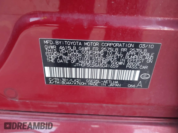 2010 Lexus IS 250 with VIN JTHCF5C26A5041659, listed as a IAAI auction lot 41349489 with Not provided miles and . Bid and sale history available at DreamBid. Image 9.