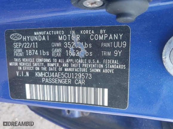 2012 Hyundai Accent GLS with VIN KMHCU4AE5CU129573, listed as a IAAI auction lot 41903944 with 120,986 mi miles. Bid and sale history available at carsss.com. Image 9.