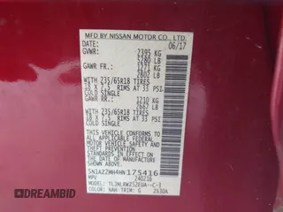 2017 Nissan Murano SL with VIN 5N1AZ2MH4HN175416, listed as a IAAI auction lot 42345395 with 72,962 mi miles and . Bid and sale history available at DreamBid. Image 9.